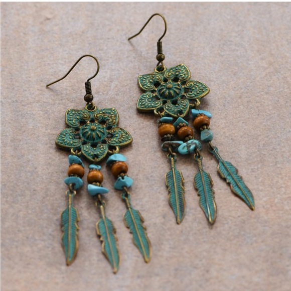 Boho Gypsy Stamped Metal Patina Drop Earrings - Picture 5 of 13